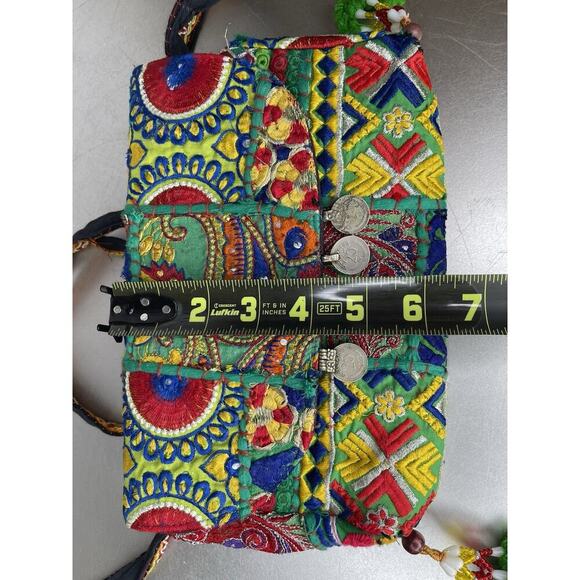 Vintage Boho Banjara Crossbody Handbag Festive Sequin Embroidery Coin Accent - Picture 8 of 9